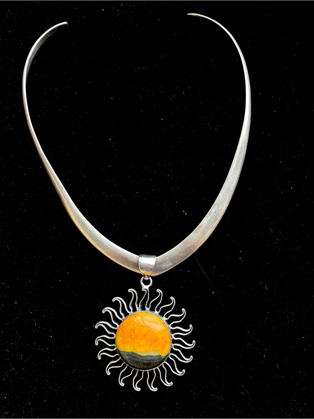 Vintage Taxco 925 Silver Collar Necklace Choker Torc Bumblebee Jasper Sunburst